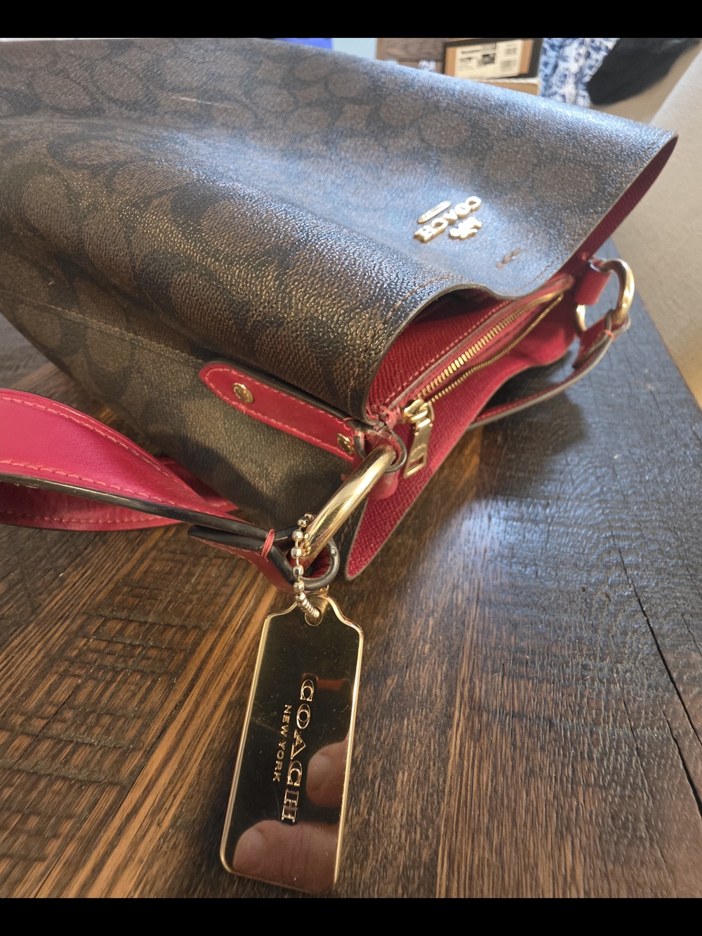 Coach Brown Signature Canvas Shoulder Bag with Pink Trim